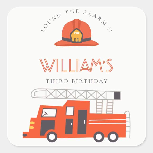 Cute Red Firetruck Engine Kids Any Age Birthday Square Sticker (Front)