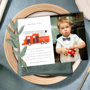 Cute Red Firetruck Engine Kids Any Age Birthday  Thank You Card