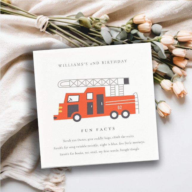 Cute Red Firetruck Engine Kids Fun Facts Birthday Napkin (Creator Uploaded)