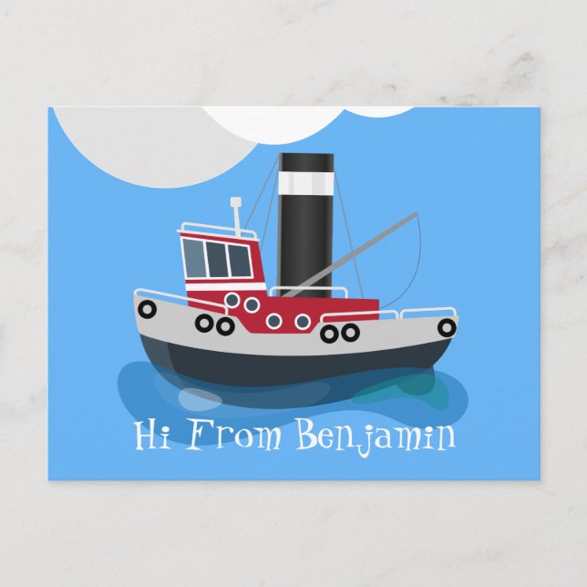 Cute red fishing trawler boat cartoon illustration postcard (Front)