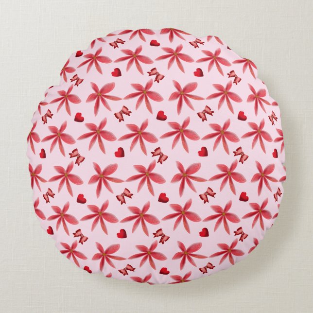 Cute Red Floral Heart Pattern Seamless Girly  Round Pillow (Front)