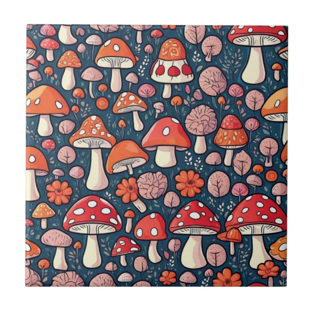 Cute red floral mushrooms in green decor tile (Front)