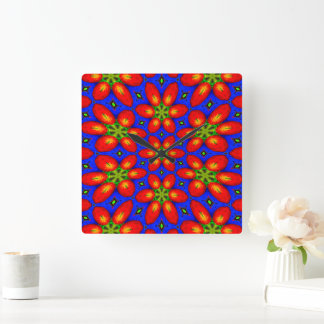 Cute Red Floral Pattern Square Wall Clock
