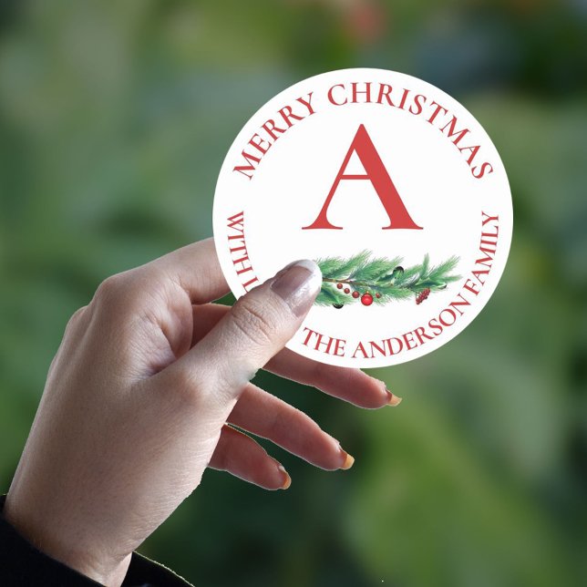 Cute Red Flowers Berries Monogram Merry Christmas Classic Round Sticker (Creator Uploaded)