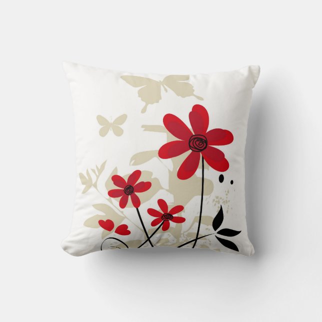 Cute red flowes and butterflies throw pillow (Front)