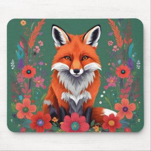 Cute red fox and flowers mouse pad