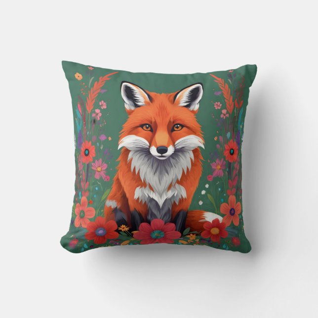 Cute red fox and flowers throw pillow (Front)