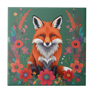 Cute red fox and flowers tile