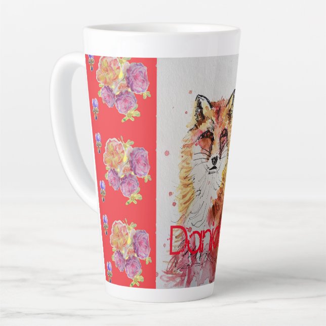 Cute Red Fox Animal Roses Watercolor Latte Mug (Left Angle)