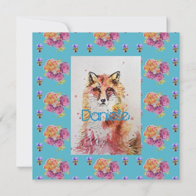 Cute Red Fox Animal Teal Rose Roses Flat Card (Front)