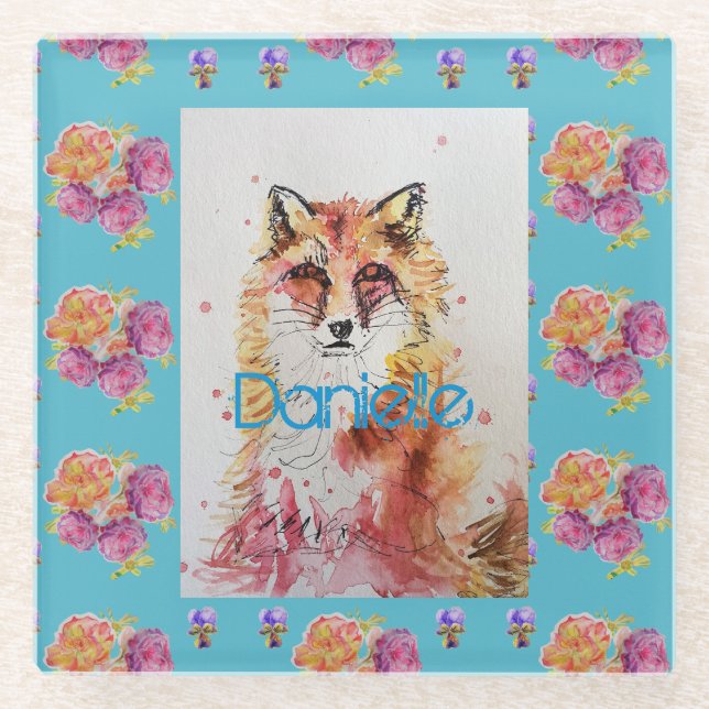 Cute Red Fox Animal Teal Rose Roses Glass Coaster (Front)