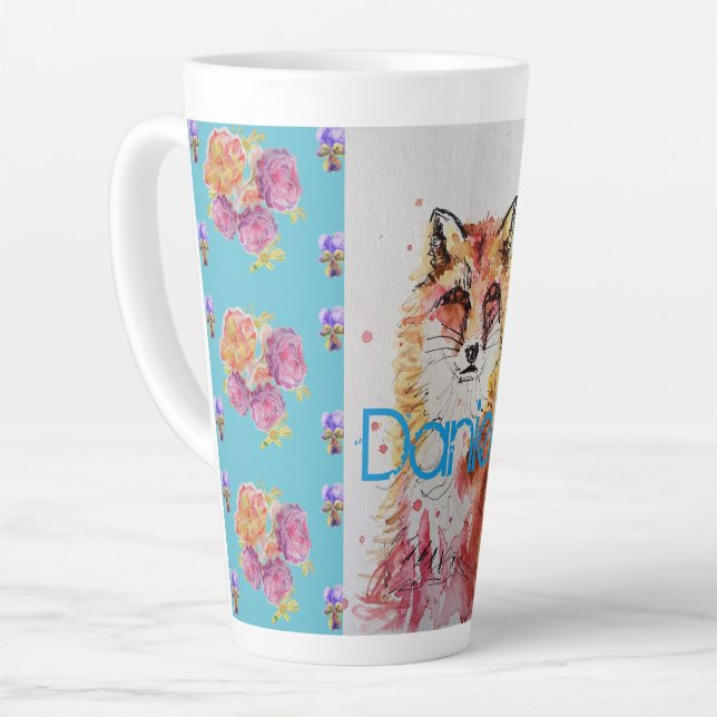 Cute Red Fox Animal Teal Rose Roses Latte Mug (Left Angle)