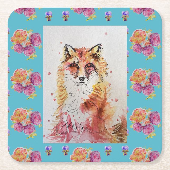 Cute Red Fox Animal Teal Rose Roses Square Paper Coaster (Front)
