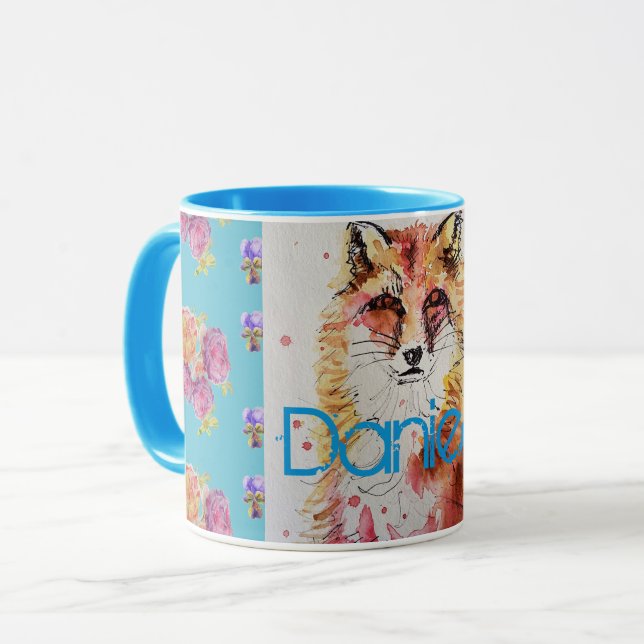 Cute Red Fox Animal Turquoise Rose Roses Mug (Devant gauche)