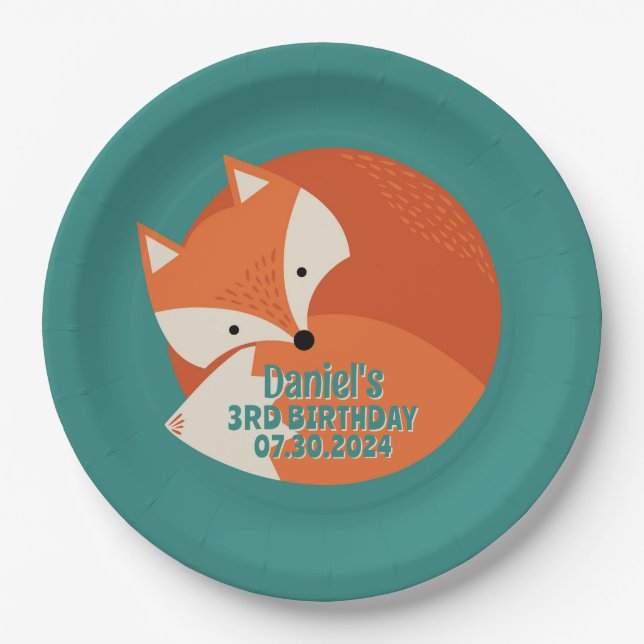 Cute Red Fox Cartoon Animals Kid's Birthday Paper Plate (Front)