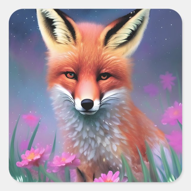 Cute Red Fox Floral Fantasy Art Square Sticker (Front)