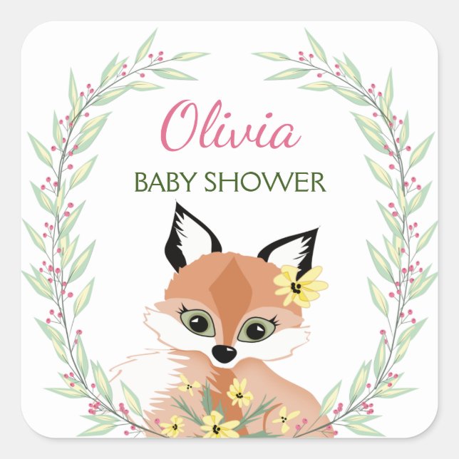 Cute red Fox girl baby shower Square Sticker (Front)