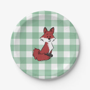 Cute Red Fox Green Gingham Baby Shower Paper Plate