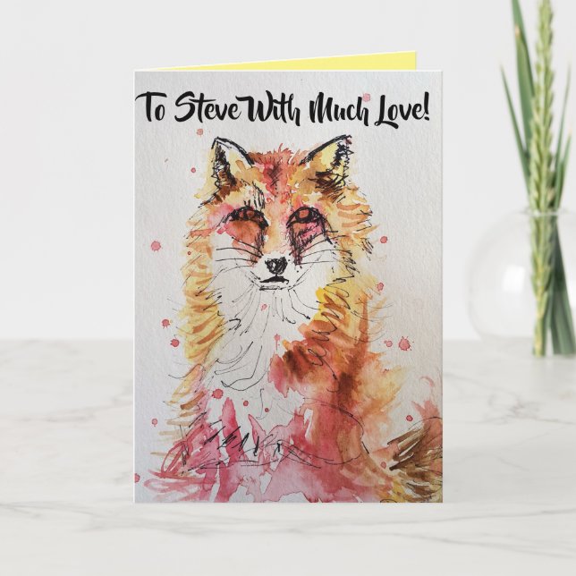 Cute Red Fox Husbands Name Watercolour Card (Front)