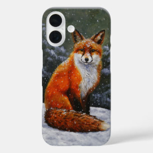 Cute Red Fox in Falling Snow iPhone 16 Case