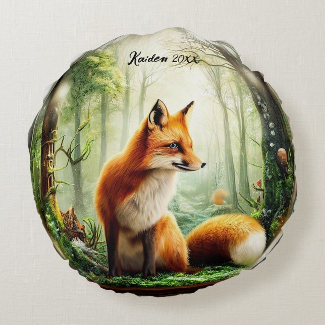  Cute Red Fox in Snowglobe Round Pillow (Back)