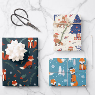 Cute Red Fox in Three Christmas Patterns Wrapping Paper Sheet