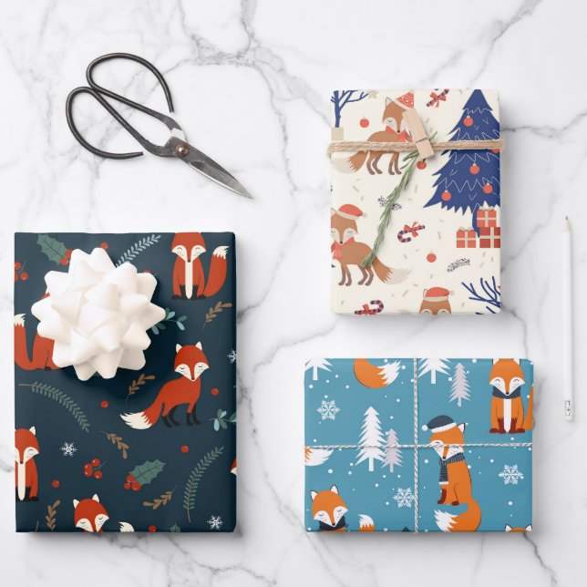 Cute Red Fox in Three Christmas Patterns Wrapping Paper Sheet (Front)