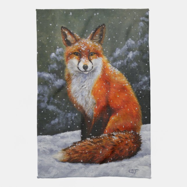 Cute Red Fox in Winter Snow Kitchen Towel (Vertical)