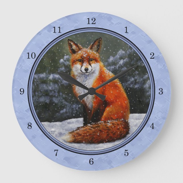 Cute Red Fox in Winter Snow Large Clock (Front)