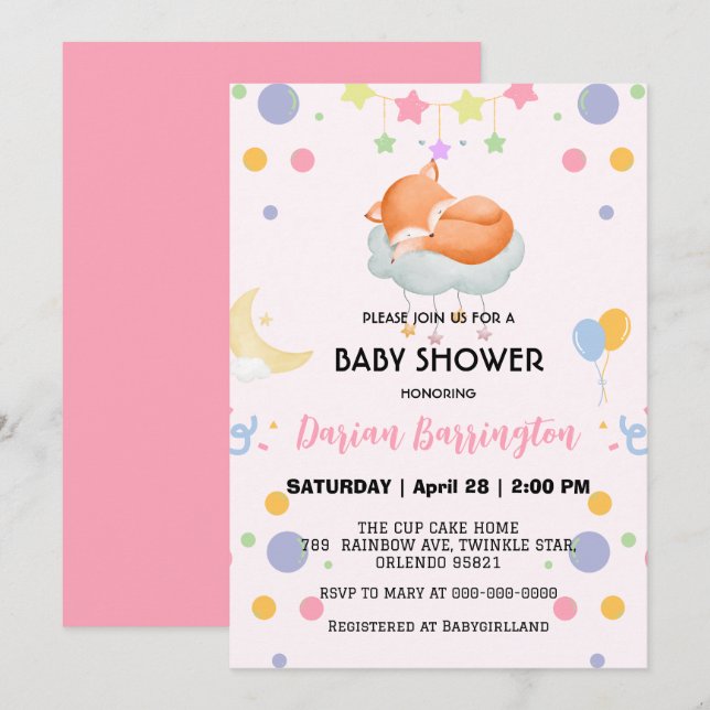 Cute Red fox moon balloon baby shower party  Invitation (Front/Back)