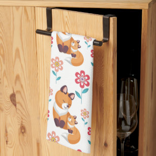 Cute red fox mother with baby Mother's day Kitchen Towel