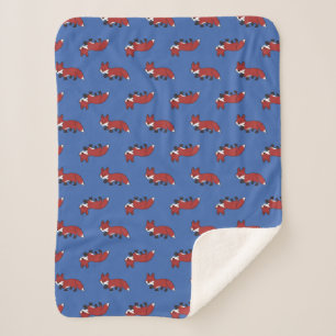 Cute Red Fox Pattern Blue Kids Sherpa Blanket