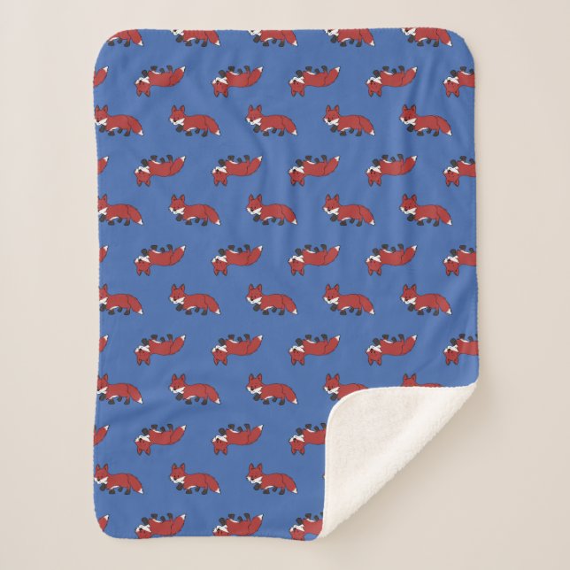 Cute Red Fox Pattern Blue Kids Sherpa Blanket (Front)