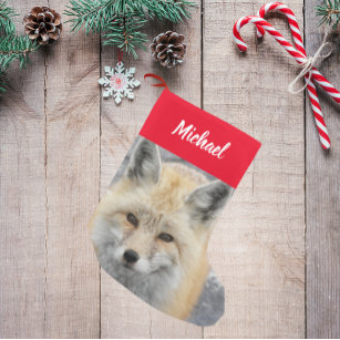 Cute Red Fox Photo with Name Small Christmas Stocking