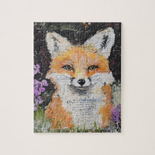 Cute Red Fox Purple Flowers Mixed Media Jigsaw Puzzle