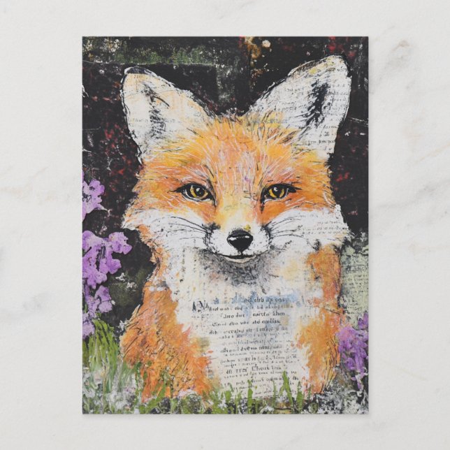 Cute Red Fox Purple Flowers Mixed Media Postcard (Front)