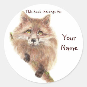 Cute Red Fox, This book belongs Bookplate Classic Round Sticker