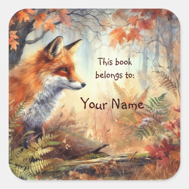 Cute Red Fox, This book belongs Bookplate Square Sticker (Front)
