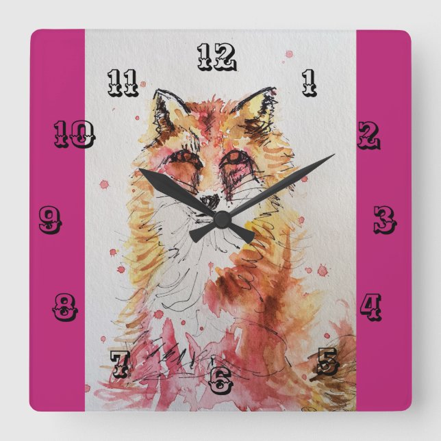 Cute Red Fox Watercolor Childrens Room Clock (Front)
