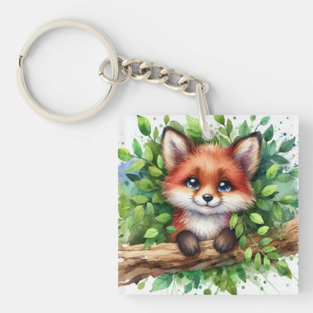Cute Red Fox Watercolor Keychain (Front)