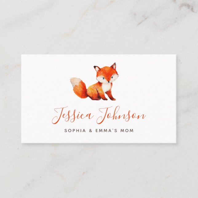 Cute Red Fox Watercolor Mommy Calling Play Date  Business Card (Front)