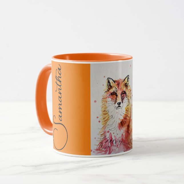 Cute Red Fox Watercolor Painting Mug Orange (Front Left)