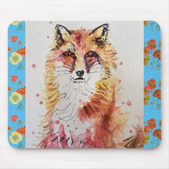 Cute Red Fox Watercolour Painting Mouse Mat floral (Front)