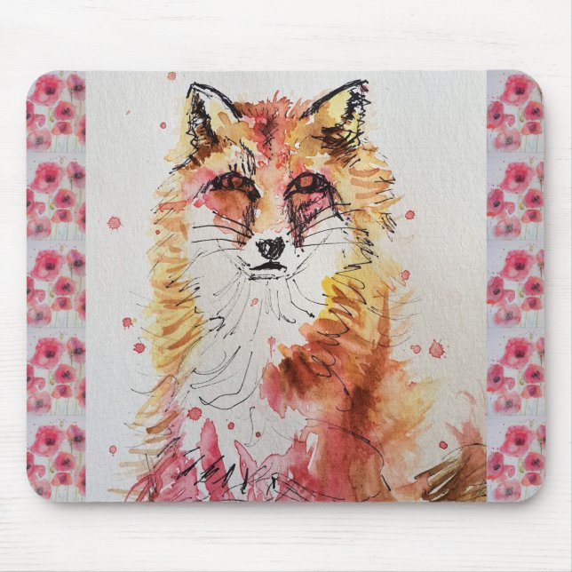 Cute Red Fox Watercolour Painting Mouse Mat poppy (Front)