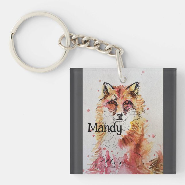Cute Red Fox Whimsical Watercolor Girls  Keychain (Front)