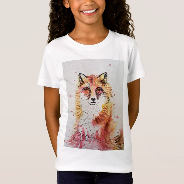 Cute Red Fox Whimsical Watercolor Girls T Shirt (Front)