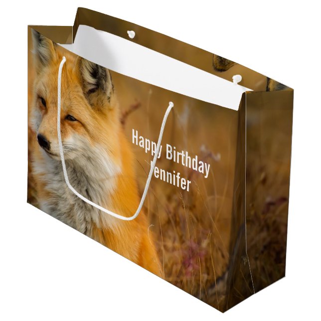 Cute Red Fox Wild Nature Photography Birthday Large Gift Bag (Front Angled)