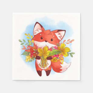 Cute Red Fox with Fall Leaves Napkin