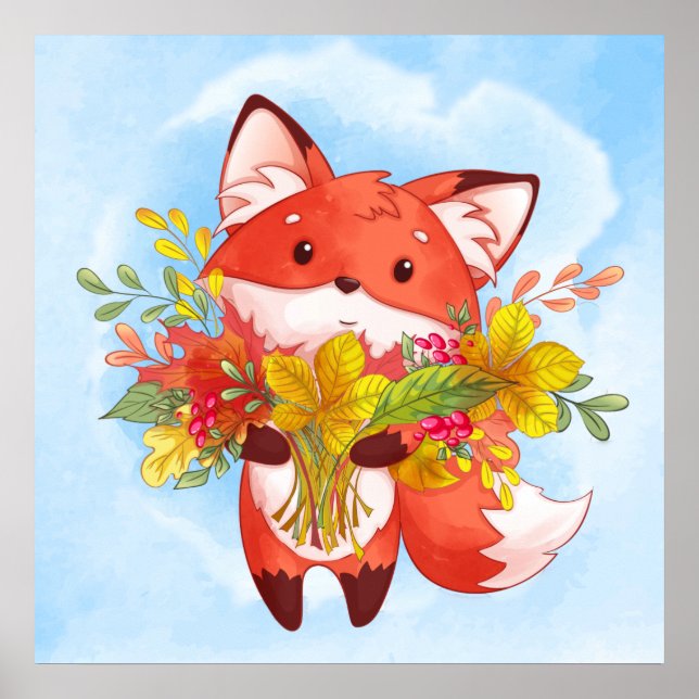 Cute Red Fox with Fall Leaves Poster (Front)