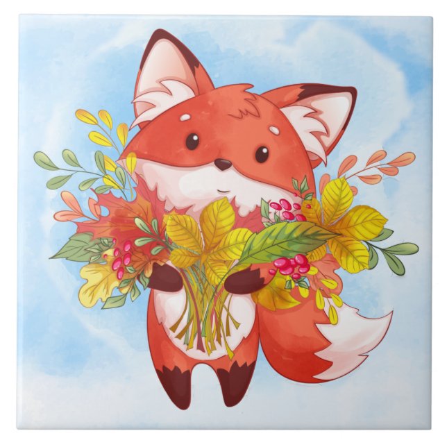 Cute Red Fox with Fall Leaves Tile (Front)
